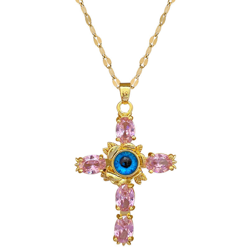 Minimalist Cross Pendant Necklace with Rhinestone Inlay in Titanium Steel for Women and Men, Delicate Clavicle Chain with Geometric Design