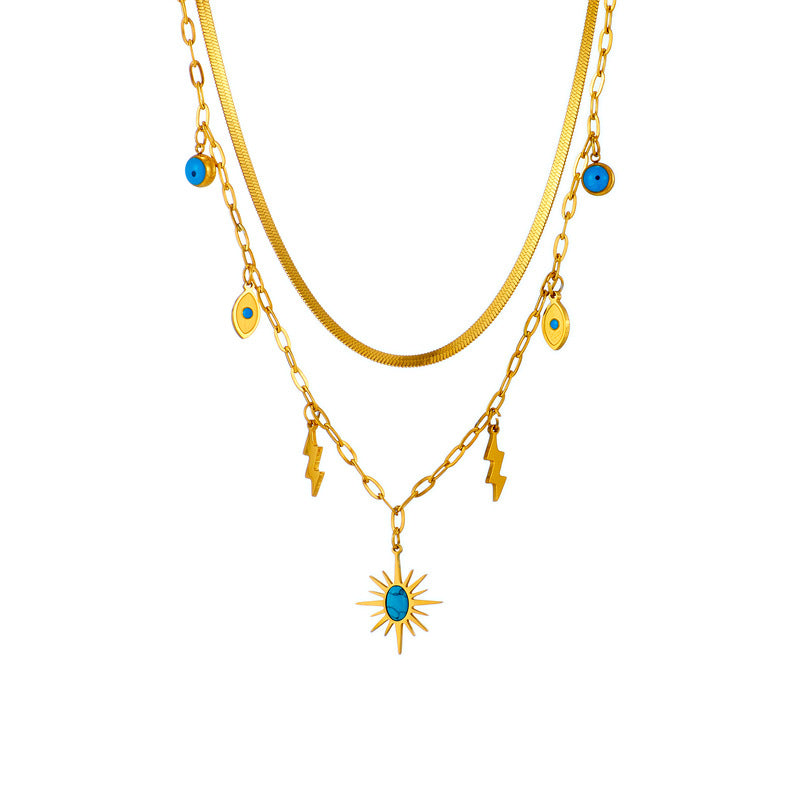 Collana con pendente a fulmine retrò minimalista turchese a forma di occhio in acciaio al titanio con finitura placcata per donna
