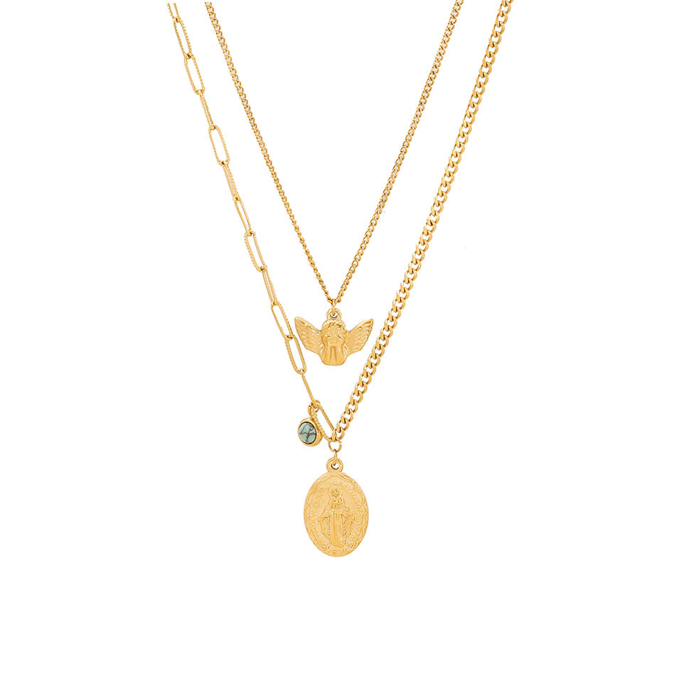 Collana con Doppia Nappa Stile OL Alla Moda con Ciondolo a Croce in Acciaio Inossidabile e Dettagli in Perle