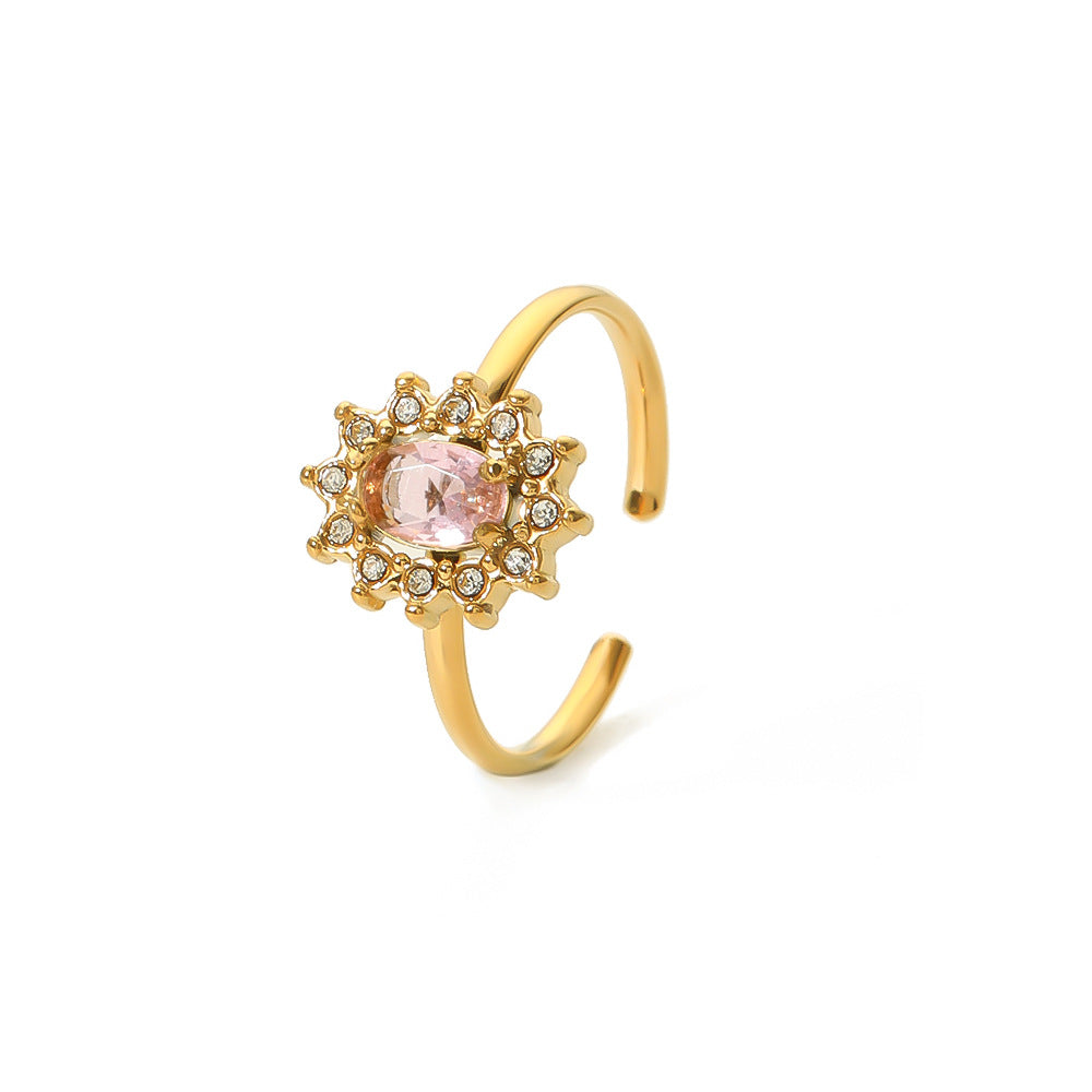 Anello Geometrico a Girasole in Stile INS in Acciaio Inossidabile con Intarsio in Zircone e Placcatura in Oro Sottovuoto 18K