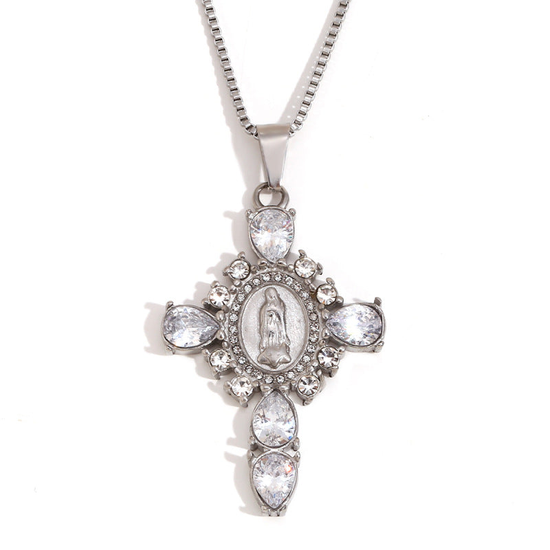 Fashionable Cross Pendant Necklace for Women in Stainless Steel with 18K Gold Plating and Rhinestone Inlay