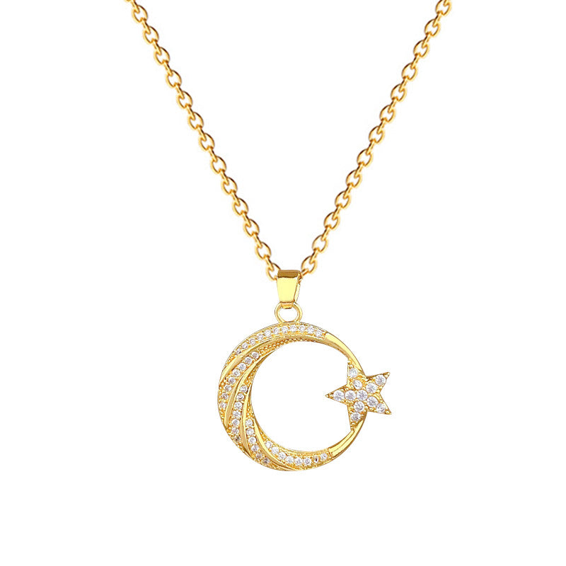 Sweet Elegant Moon Star Geometric Rhinestone Titanium Steel Necklace Unisex Cable Chain