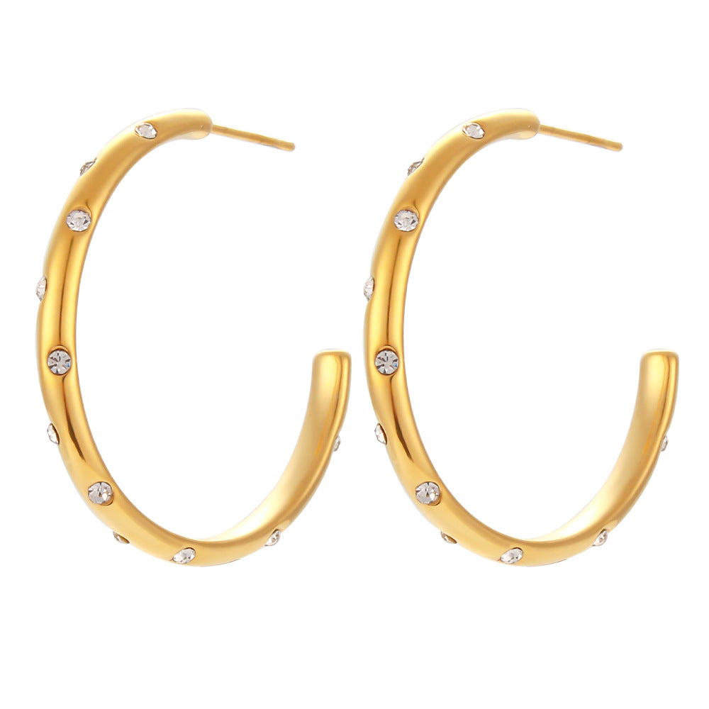 Fashion Geometric Stainless Steel 18K Gold Plated Large Cubic Zirconia Inlay Hoop Earrings for Women