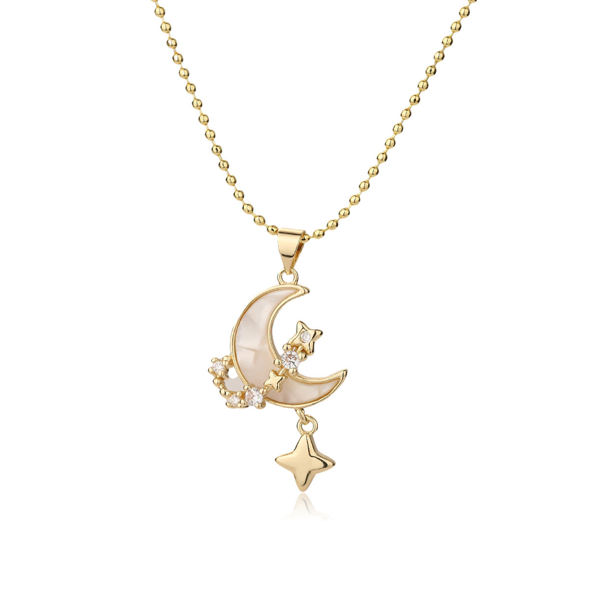 Minimalist Star and Moon Pendant Necklace for Women with Copper Base Plated in 18K Gold Featuring Zircon Inlay and Shell Accents