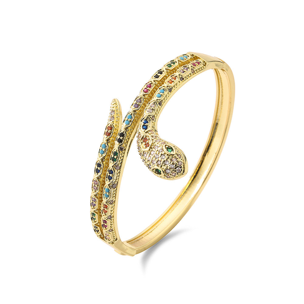 Minimalist Snake-Shaped Copper Bracelet with Real Gold Plating and Zircon Inlay for Women