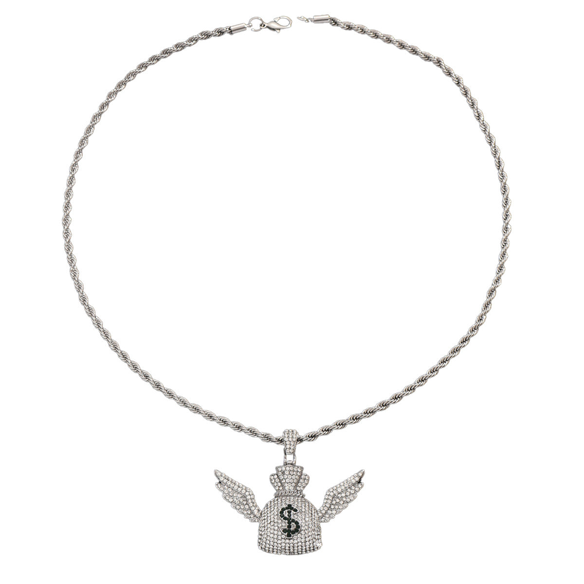 Collana Pendente ad Ala d'Angelo Stile Hip Hop da Uomo in Lega con Intarsi di Strass su Catena Standard