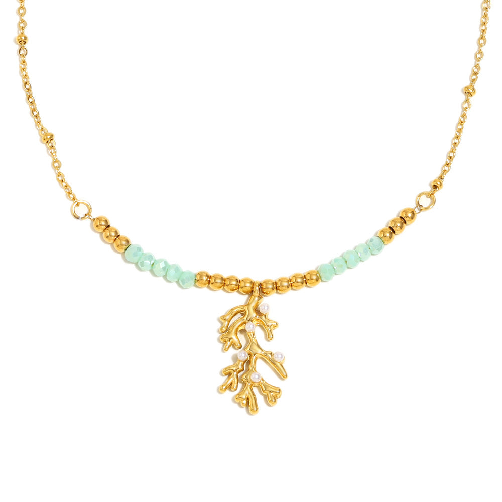 Minimalist Geometric Branch-Shaped Necklace in Stainless Steel with 18K Gold Plating and Natural Stone Accent for Women