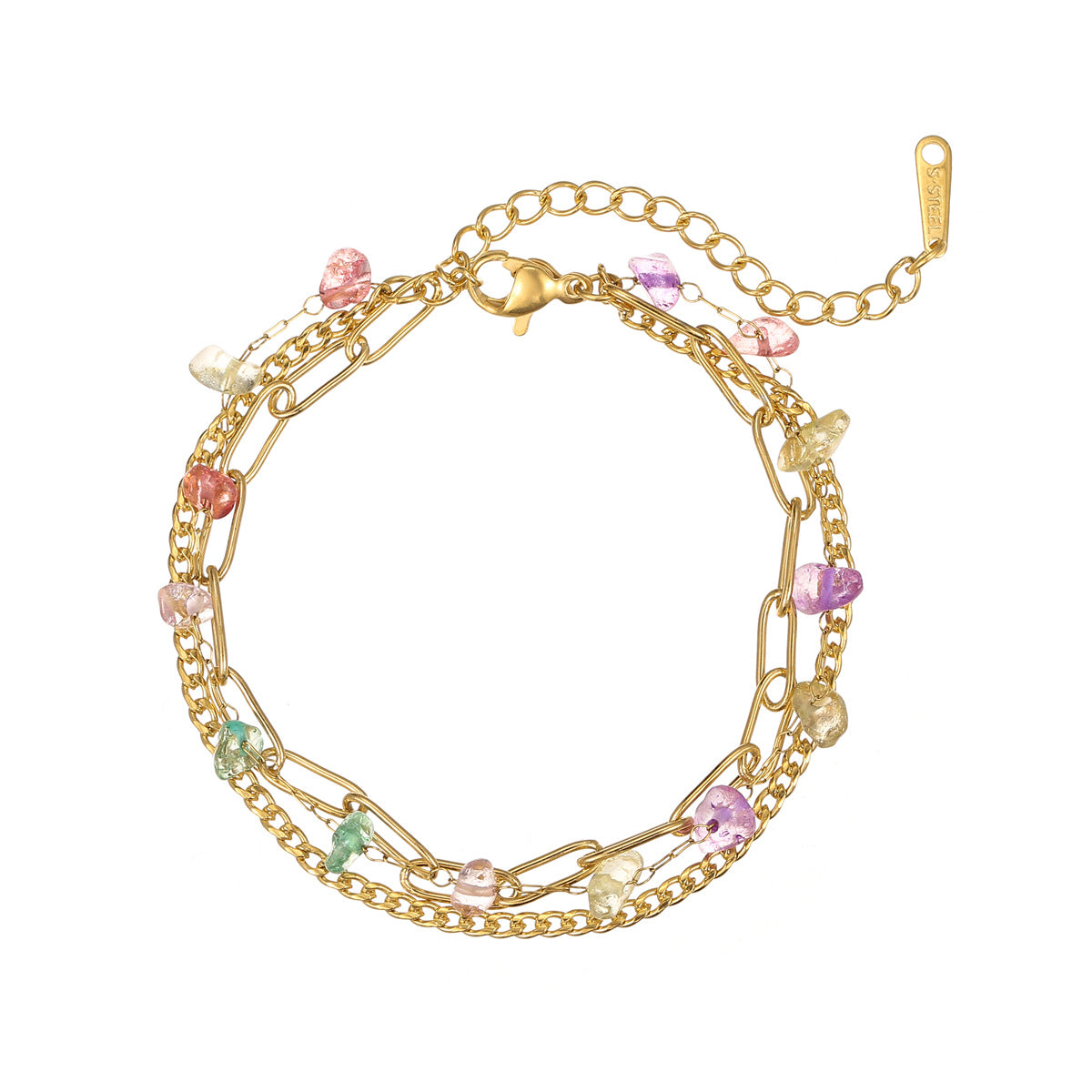 Conjunto de pulseras apilables minimalistas de tres capas de acero de titanio con chapado en oro de 18 quilates y detalles de piedras naturales coloridas para mujer