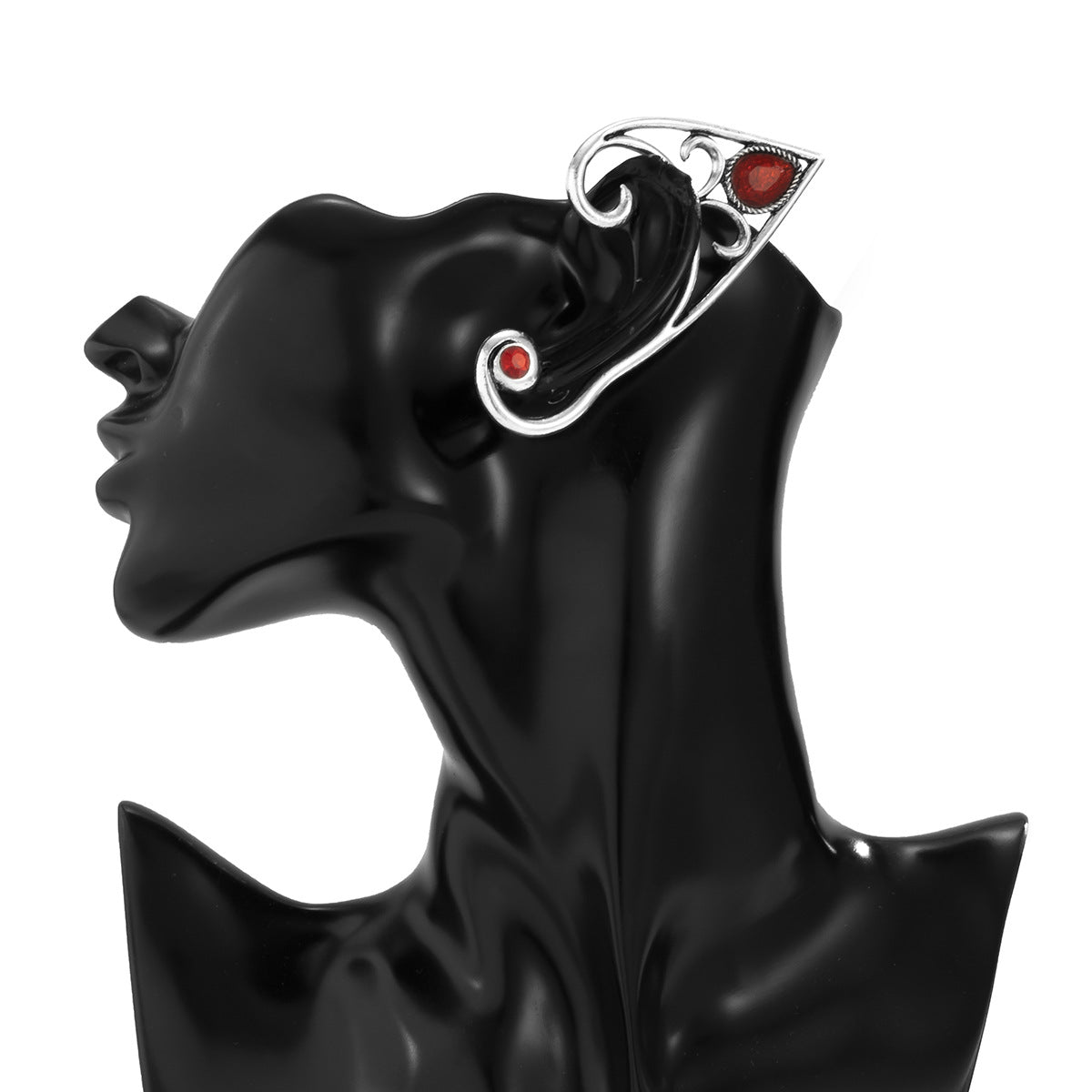 Pendiente de oreja gótico vintage con gema roja y contorno de hada para mujer, con cuerpo metálico de forma geométrica y acabado galvanizado