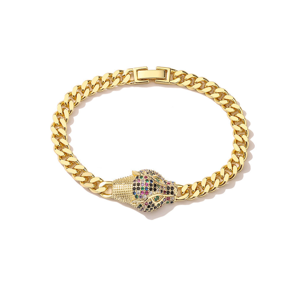 Bracciale da donna alla moda a forma di leopardo in rame geometrico con placcatura in vero oro e accenti di zirconi