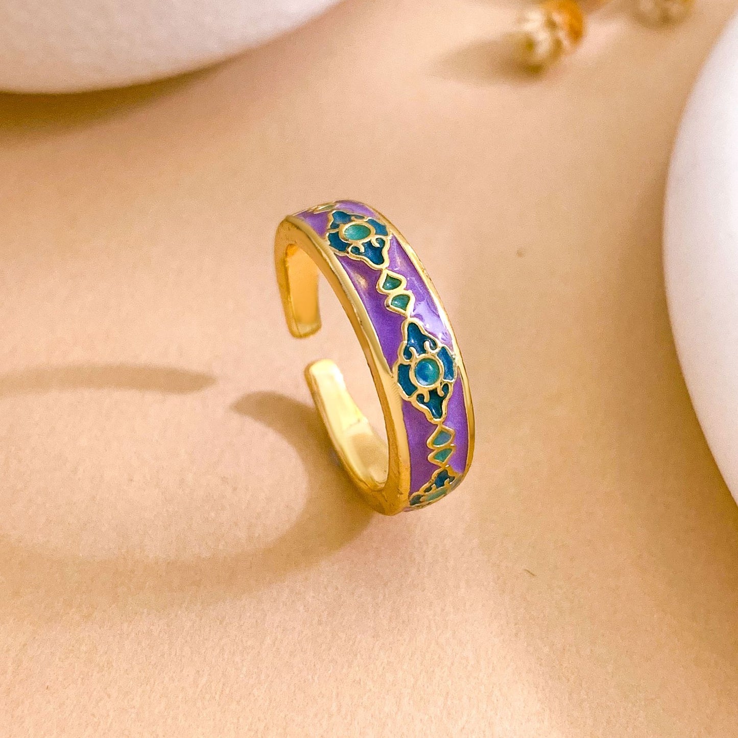 Vintage Sweet Geometric Polka Dot Gold Plated Brass Adjustable Ring for Women