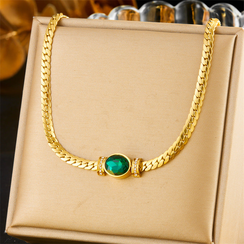 Vintage Emerald Oval Fashion Stainless Steel Rhinestone-Set Bracelet and Necklace for Women