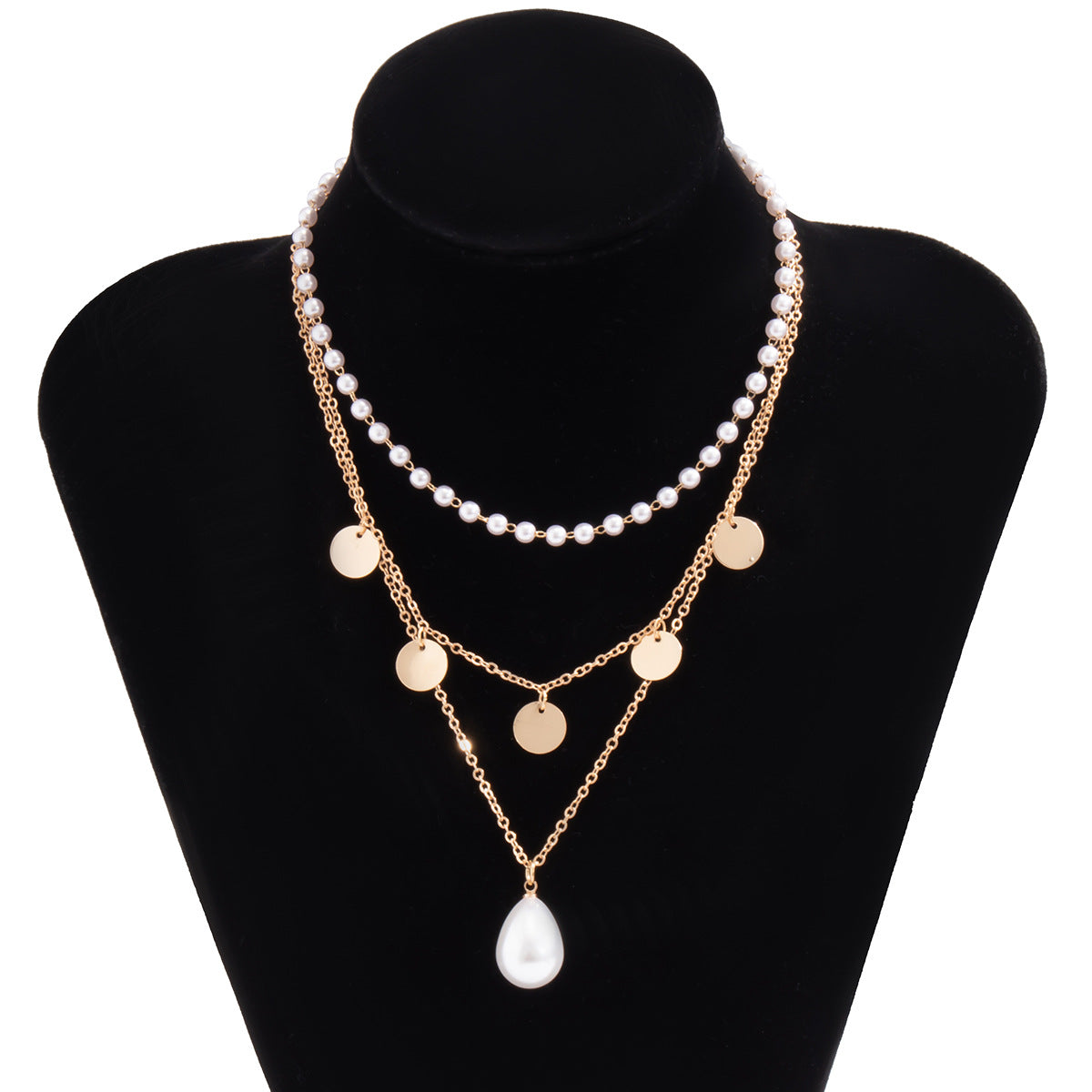 Collana a più strati con nappina geometrica e pendente a goccia di perla imitazione su catena a maglie per donna