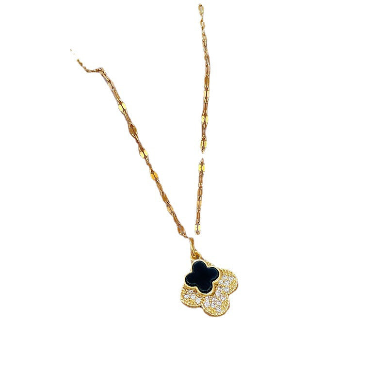 Collana con Pendente a Trifoglio a Doppio Strato di Lusso da Donna in Acciaio al Titanio con Intarsi di Strass