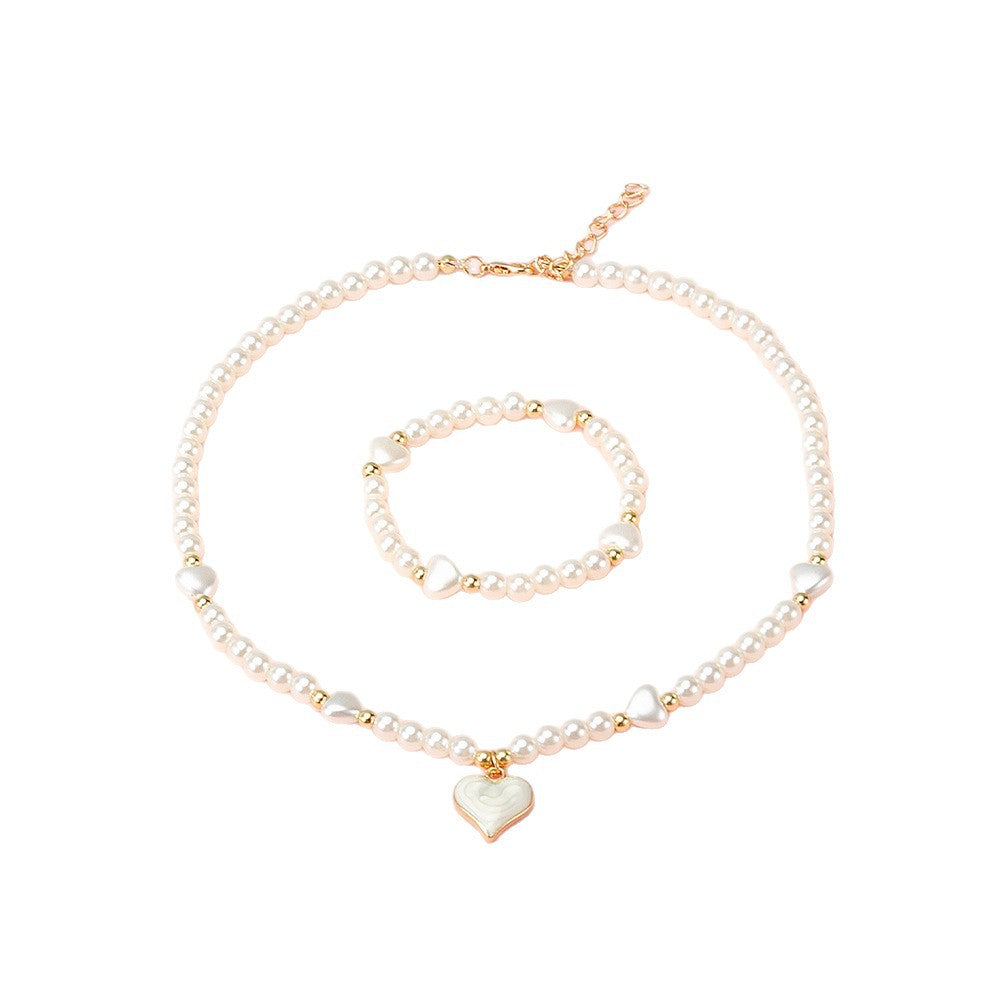 Set collana Sweet a forma di cuore con perle finte per bambine con catena di perline rotonde e ciondolo in lega