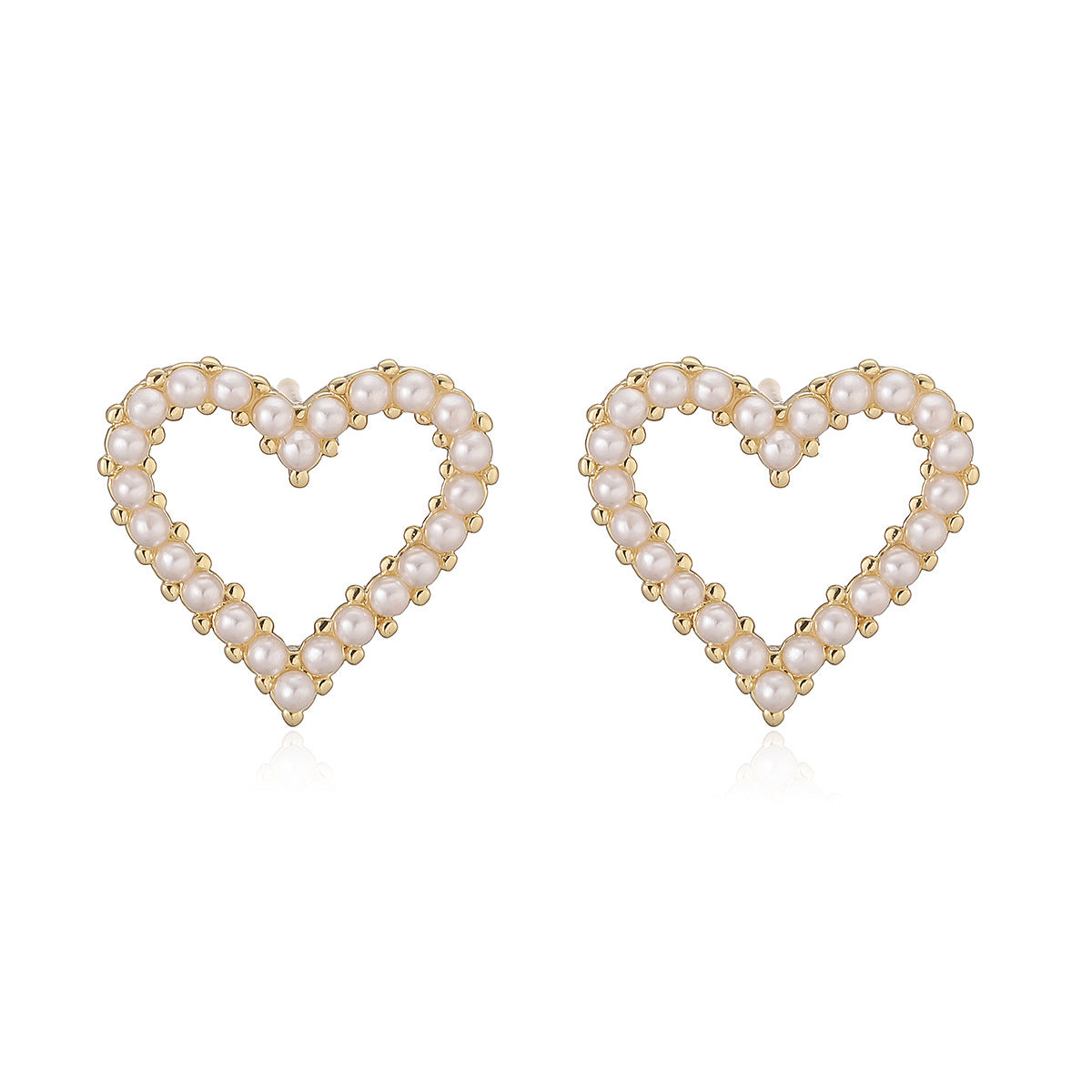 Elegant 18K Gold Plated Brass Heart Stud Earrings with Cubic Zirconia and Pearl Inlay for Women