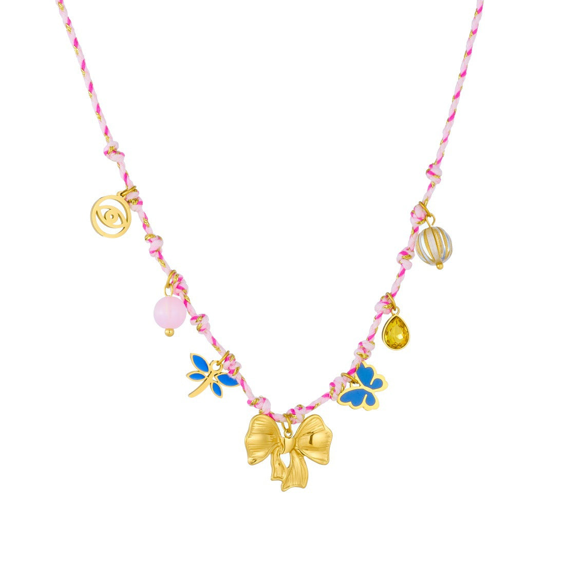 Bohemian Vintage Gold Plated Drip Oil Stainless Steel Bow and Insect Pendant Necklace for Women