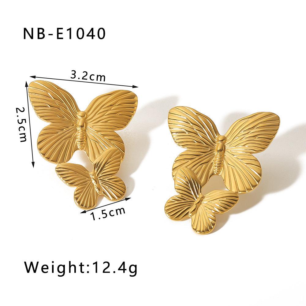 Vintage-Style Butterfly-Shaped Stainless Steel Earrings with 18K Gold Plating for Women