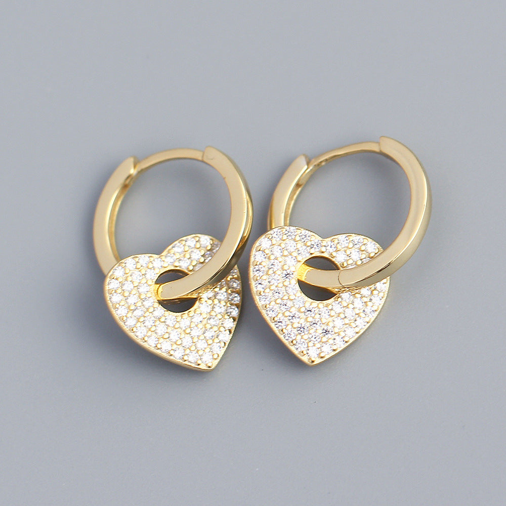 Minimalist Heart-Shaped S925 Sterling Silver Stud Earrings with Rhinestone Inlay for Women