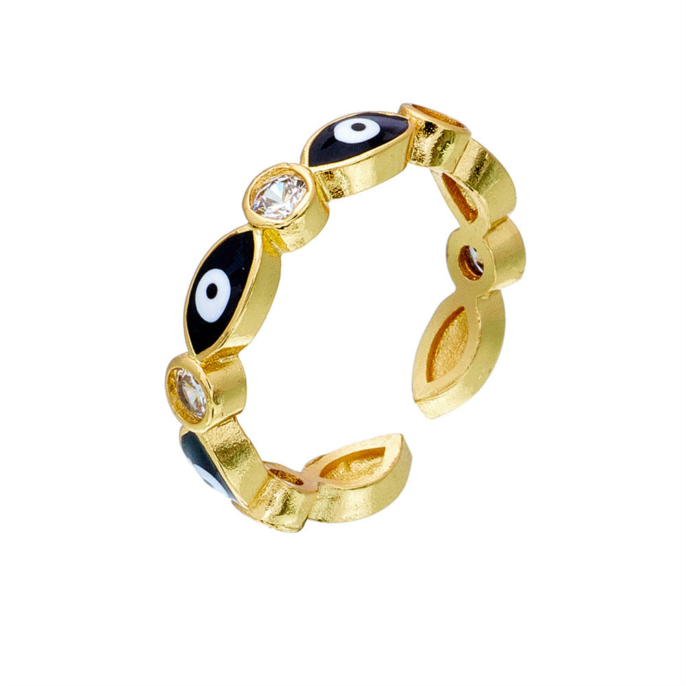 Anello Aperto con Occhio di Allah Geometrico Casual da Donna con Base in Rame Placcata in Oro 18 carati e Zirconia Micro-Incastonata con Finitura Smaltata
