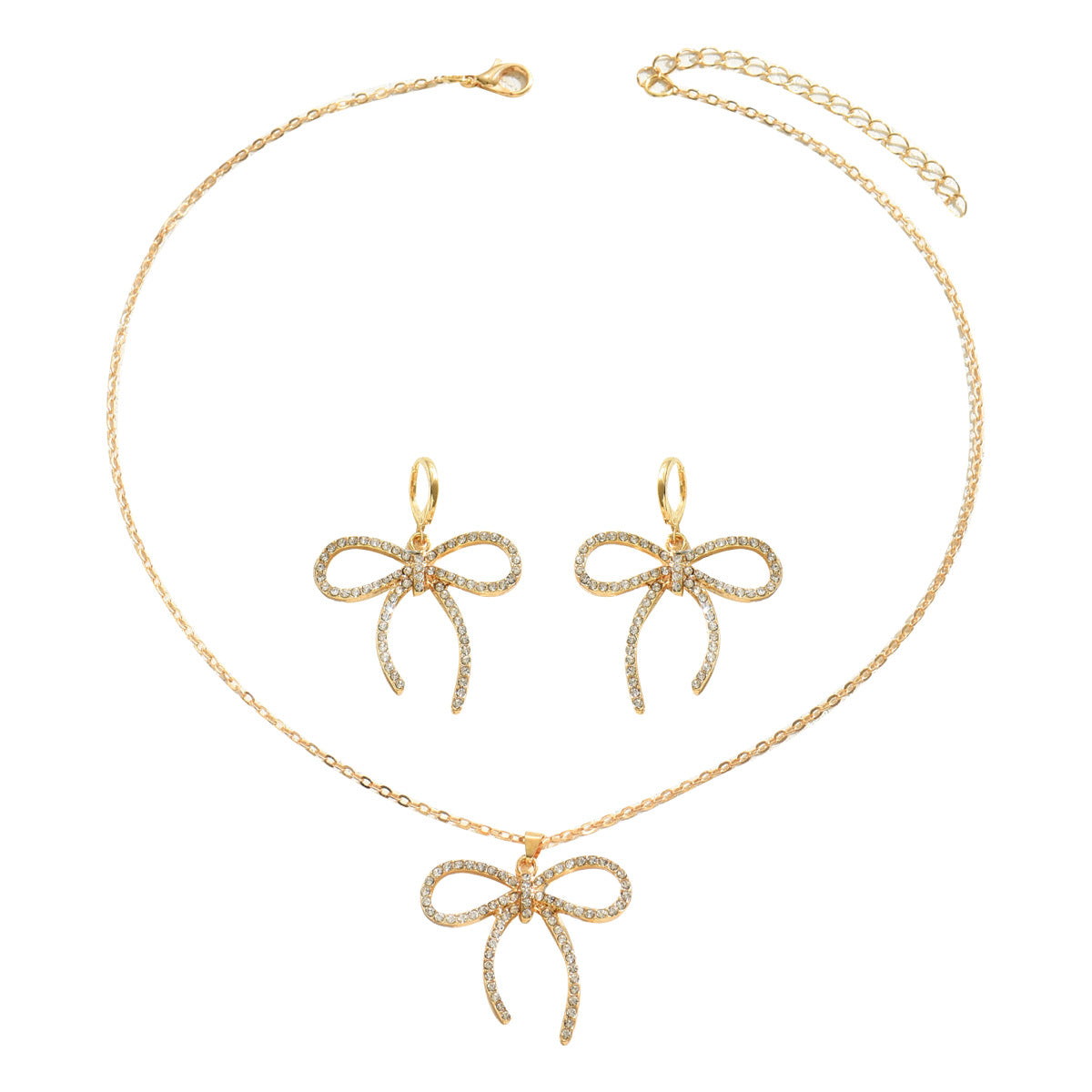 Juego de collar con colgante de lazo elegante y pendientes de tuerca para mujer, joyería de aleación con incrustaciones de diamantes de imitación, estilo dulce minimalista, cadena de clavícula