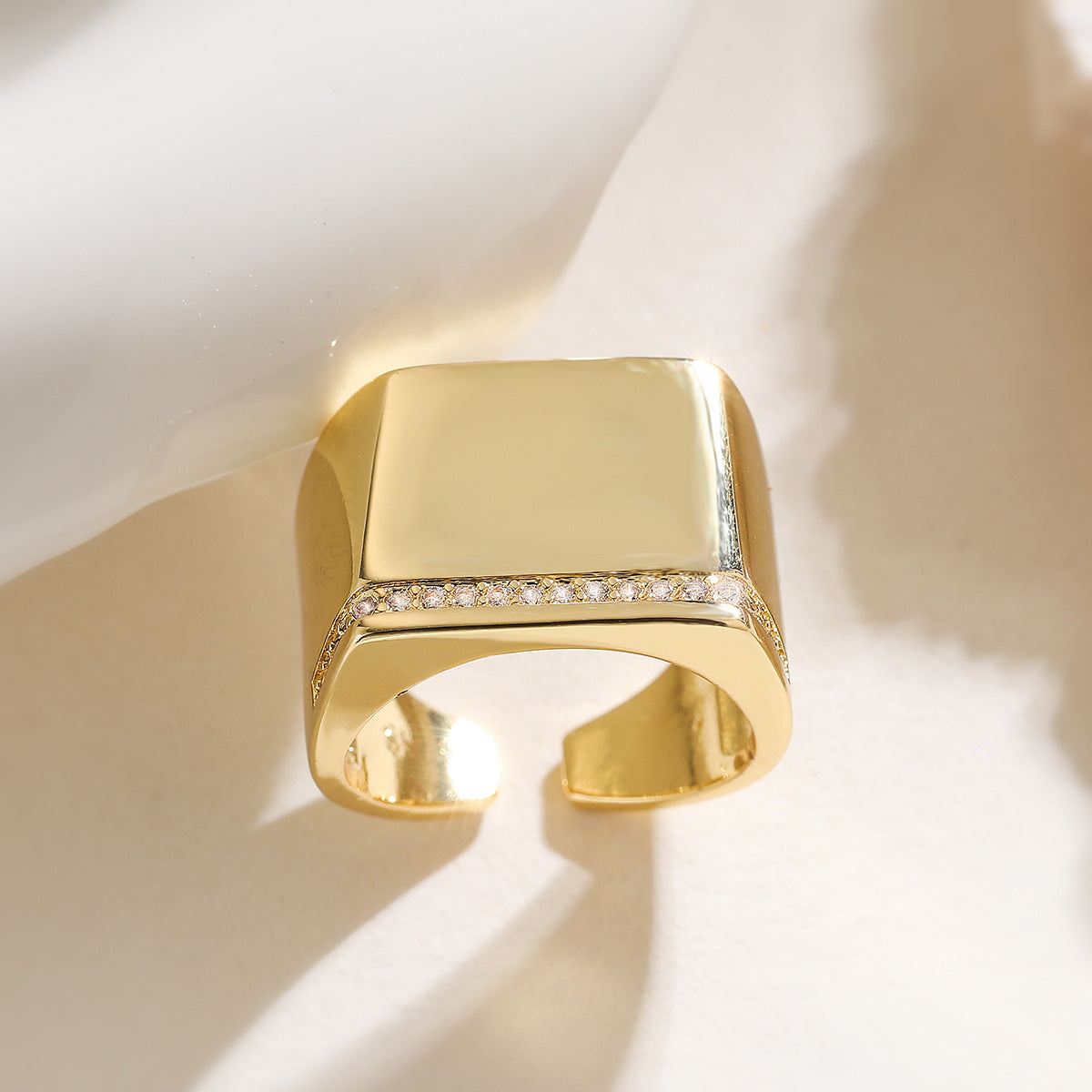 Minimalist Geometric Open Ring for Women in Brass with 18K Gold Plating and Zircon Inlay