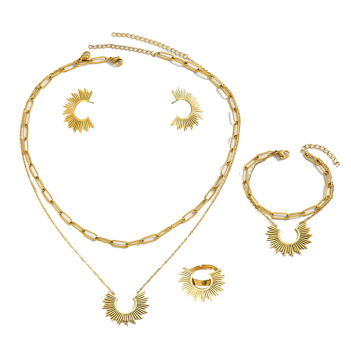 Encantador Juego de Joyas Minimalista de Girasol para Mujer, Bañado en Cobre, Pulsera, Pendientes, Collar y Anillo para el Dedo Índice