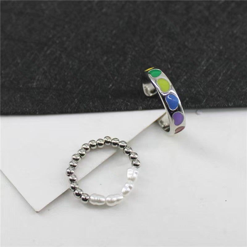 Sweet Minimalist Heart-Shaped Alloy Ring Set with Rhodium Plating for Women, Geometric Design Pearl Accent Stackable Band