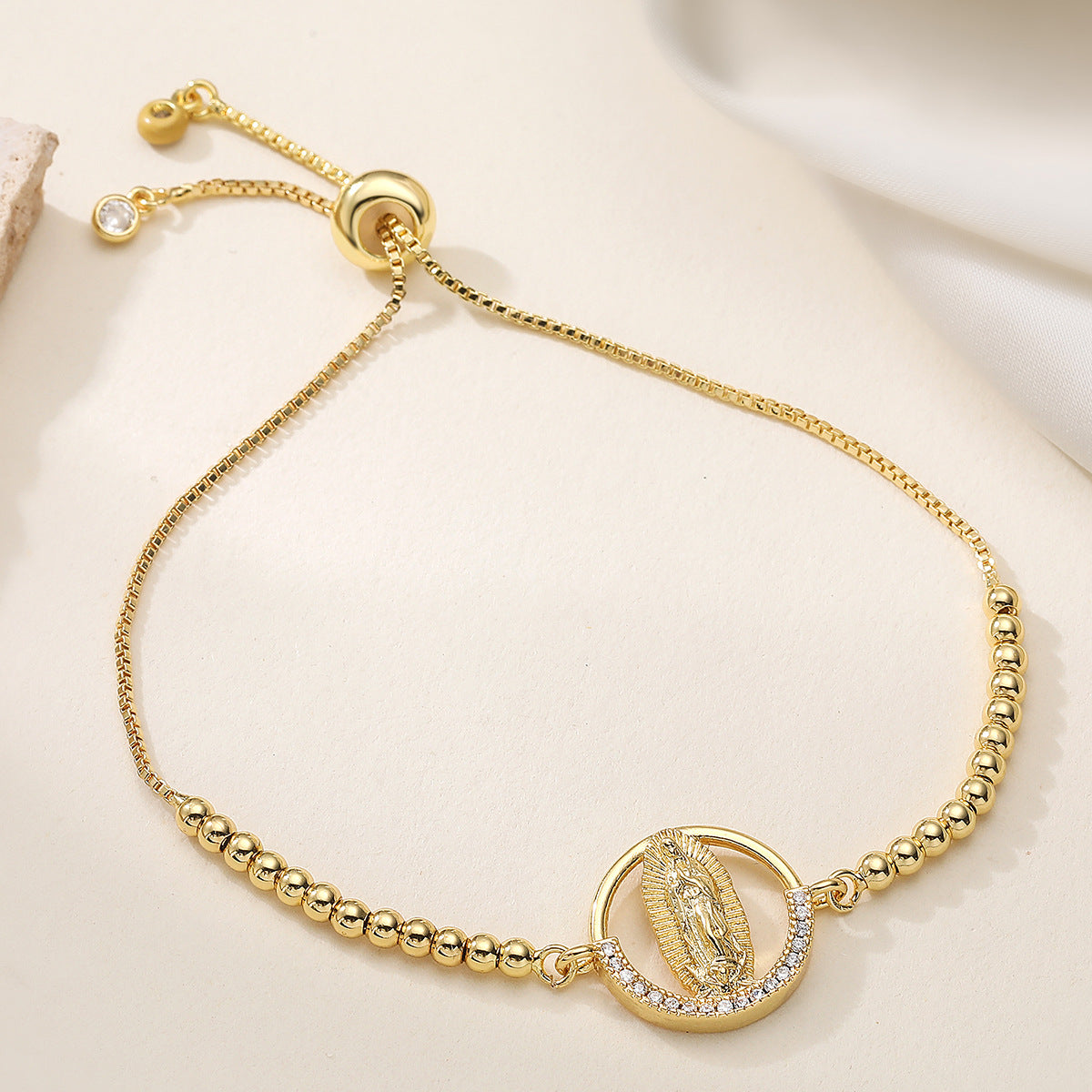 Vintage 18K Gold Plated Brass Geometric Bracelet with Cubic Zirconia Virgin Mary Charm for Women