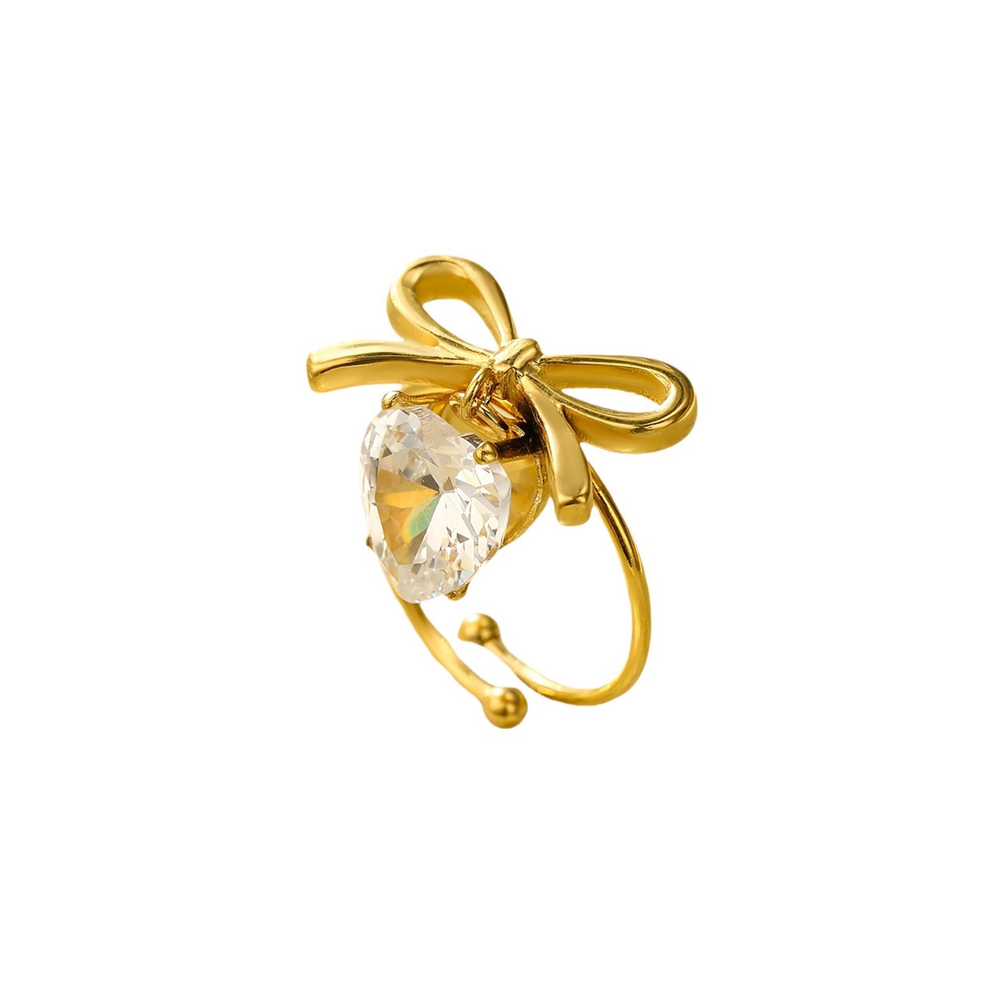 Anillo con colgante de corazón en forma de lazo estilo lujo para mujer, hecho de acero de titanio con incrustaciones de diamantes de imitación y acabado chapado