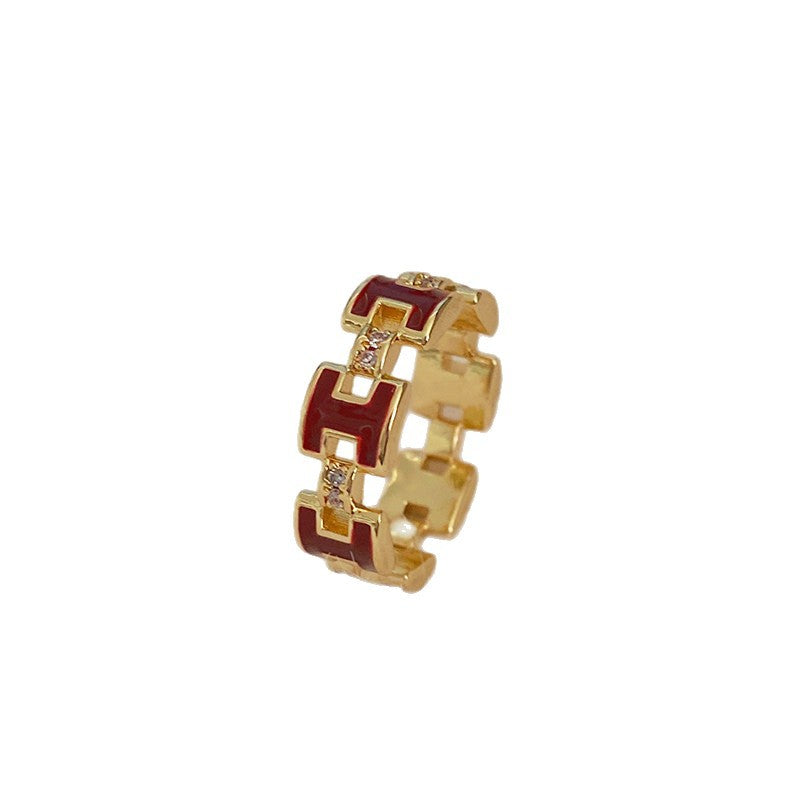 Anillo abierto con la letra H de cobre chapado en oro, estilo vintage, para mujer, con acabado esmaltado y diseño de tipografía minimalista