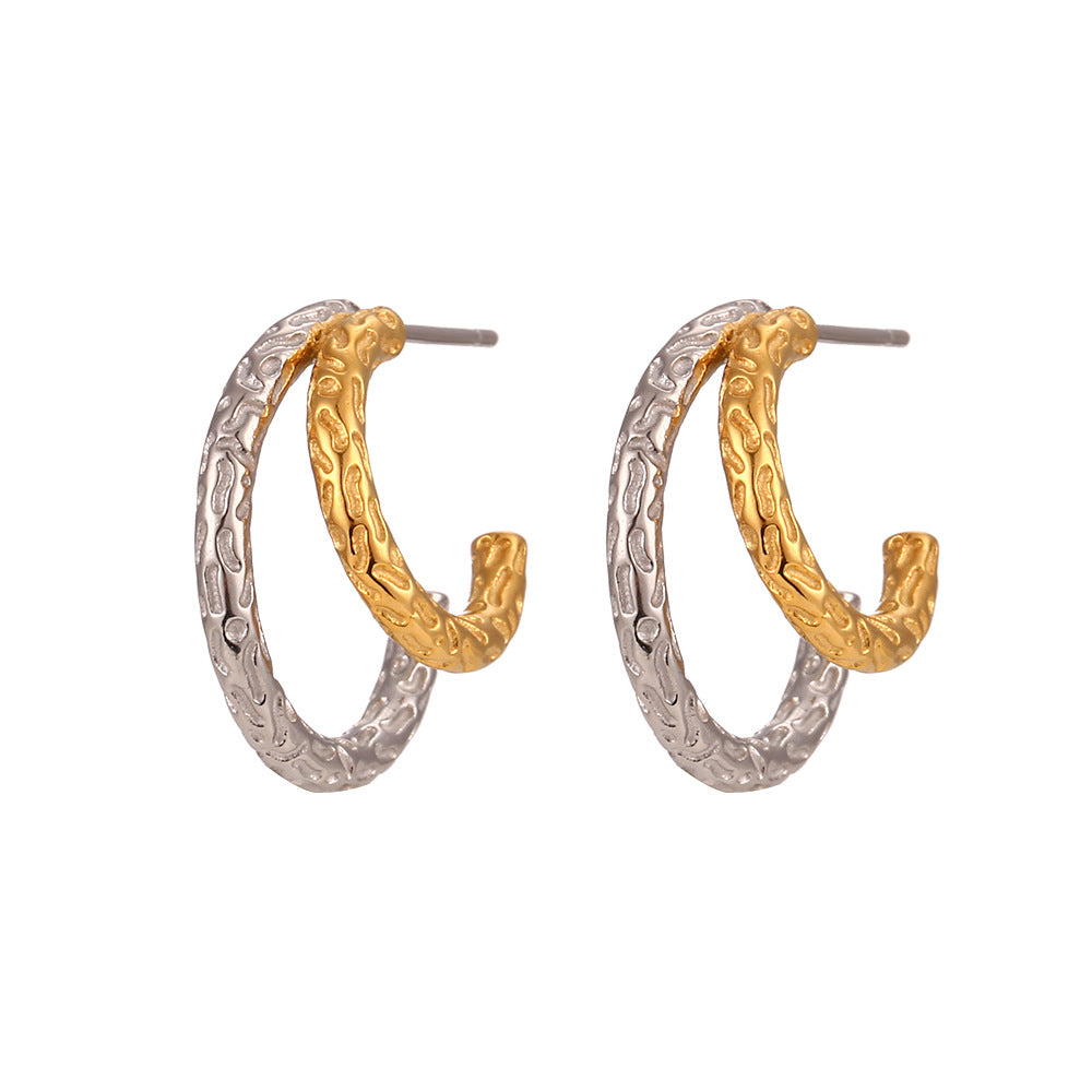 Orecchini vintage eleganti placcati oro 18K in acciaio al titanio geometrici cavi a doppio strato a forma di C