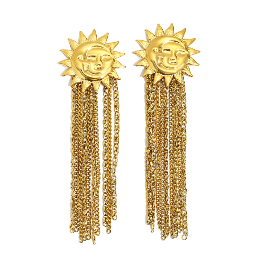 Vintage 18K Gold Plated Stainless Steel Moon Star Geometric Tassel Earrings