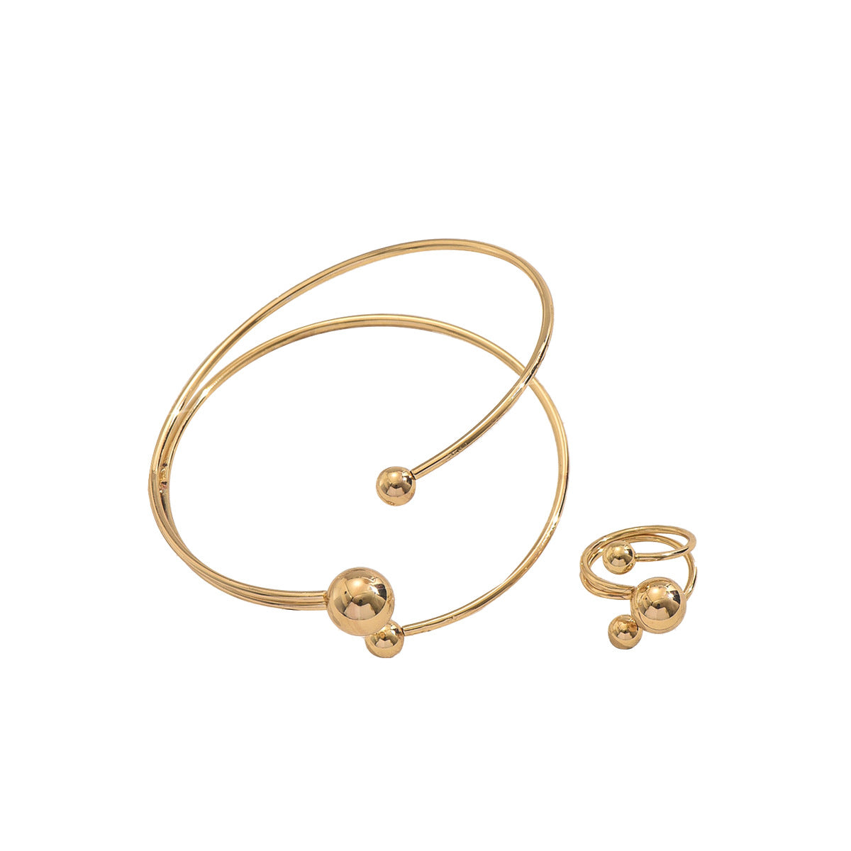 Conjunto de brazalete abierto y anillo con diseño geométrico de línea para mujer en aleación de zinc con acabado chapado