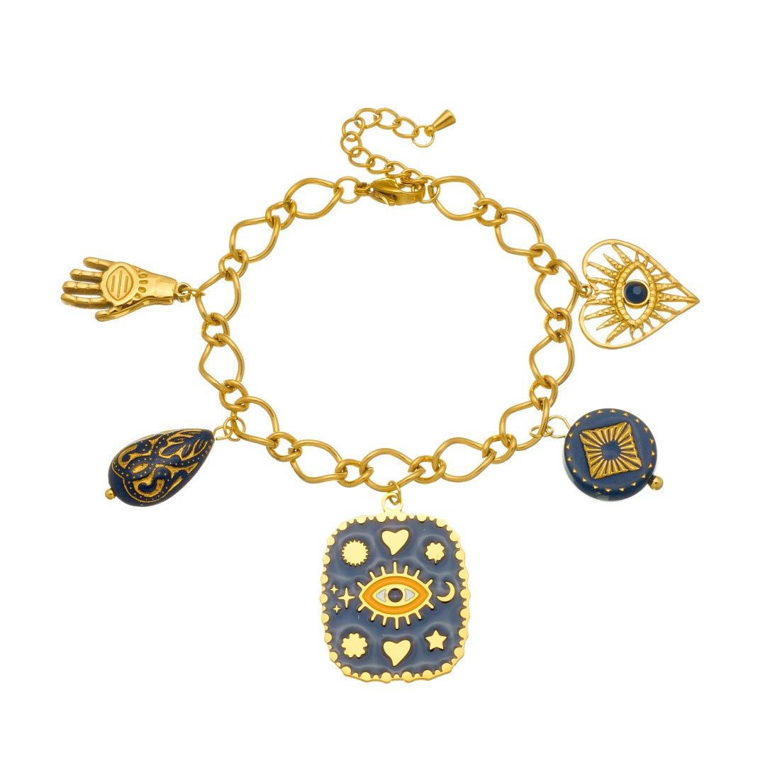 Vintage Gold Plated Heart Geometric Evil Eye Carved Hollow Pendant Bracelet for Women