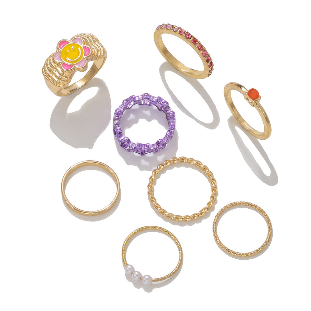 Sweet Geometric Alloy Ring Set with Drip Oil Smile Face, Crystal and Pearl Inlay