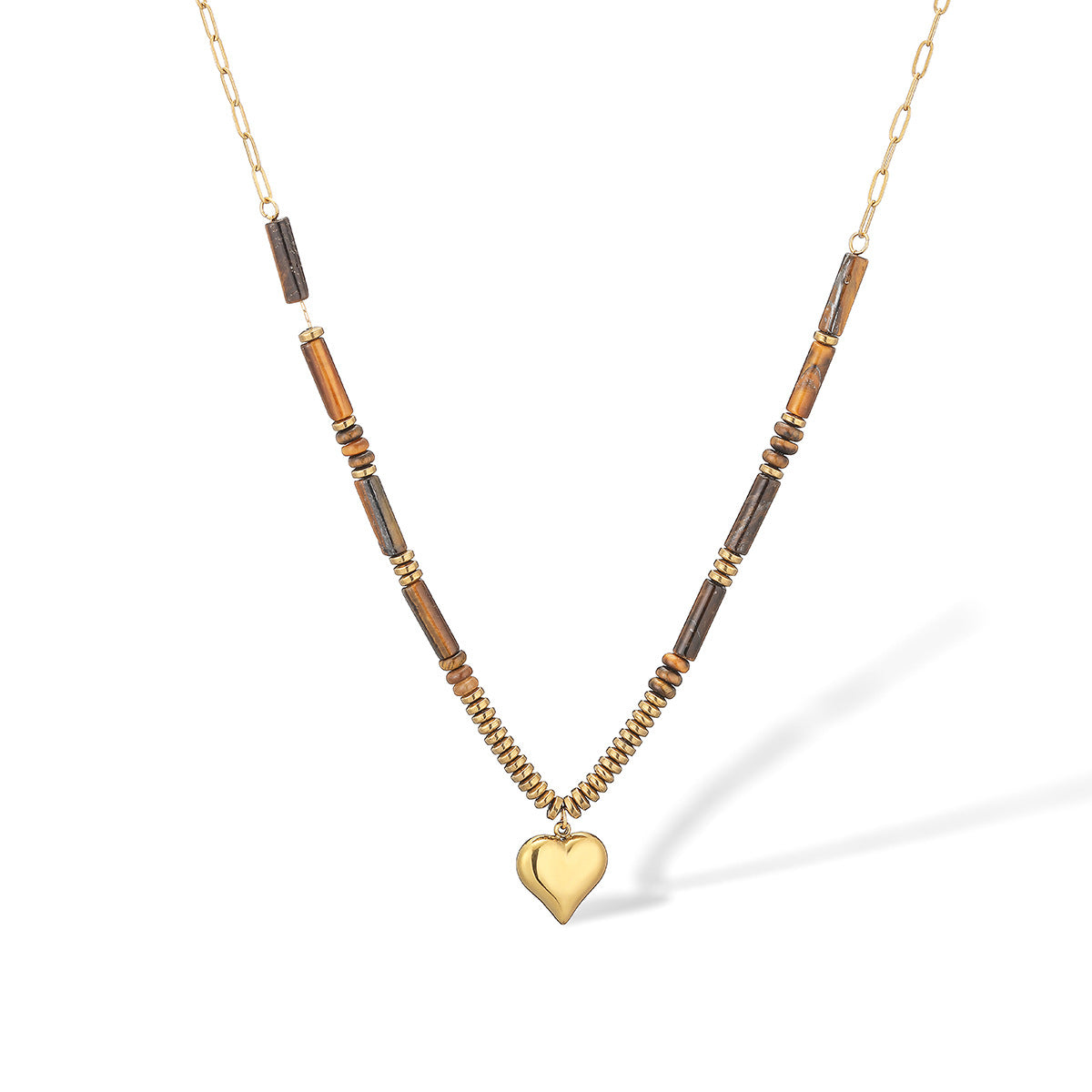 Collana Pendente Minimalista a Occhio di Tigre Geometrico in Acciaio Inossidabile con Ciondolo a Cuore da Donna
