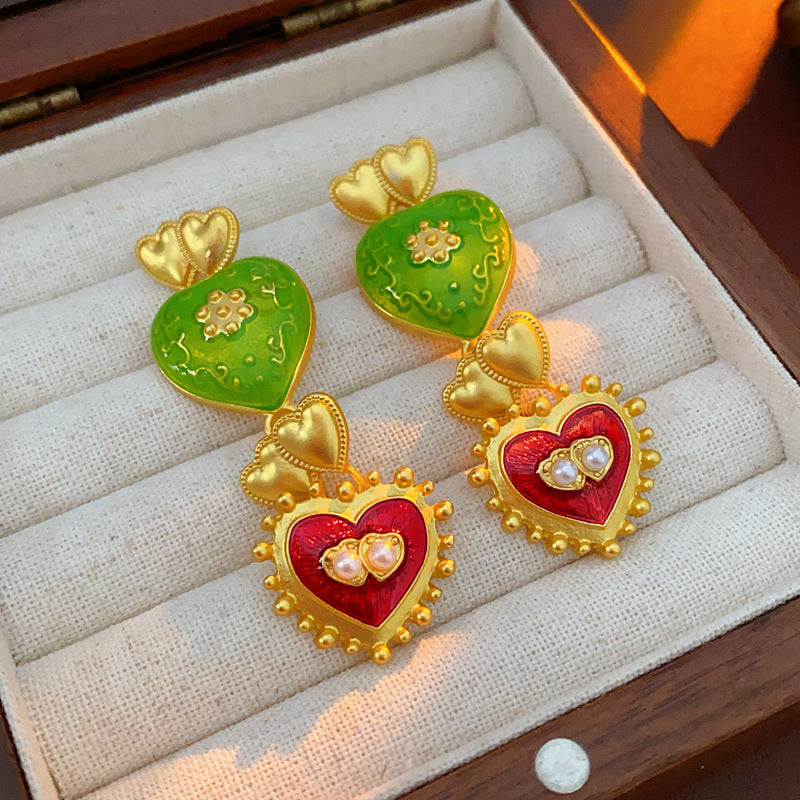 Pendientes colgantes con diseño floral y de corazón de estilo vintage con acabado esmaltado en aleación para mujer