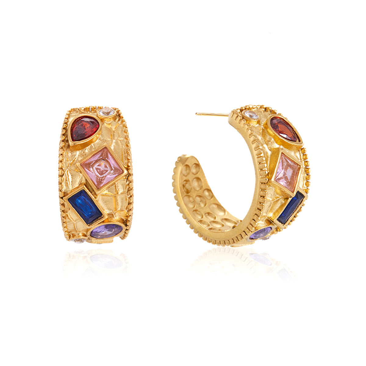 Elegant Colorful Cubic Zirconia Geometric C-Hoop Plated Stainless Steel Earrings for Women
