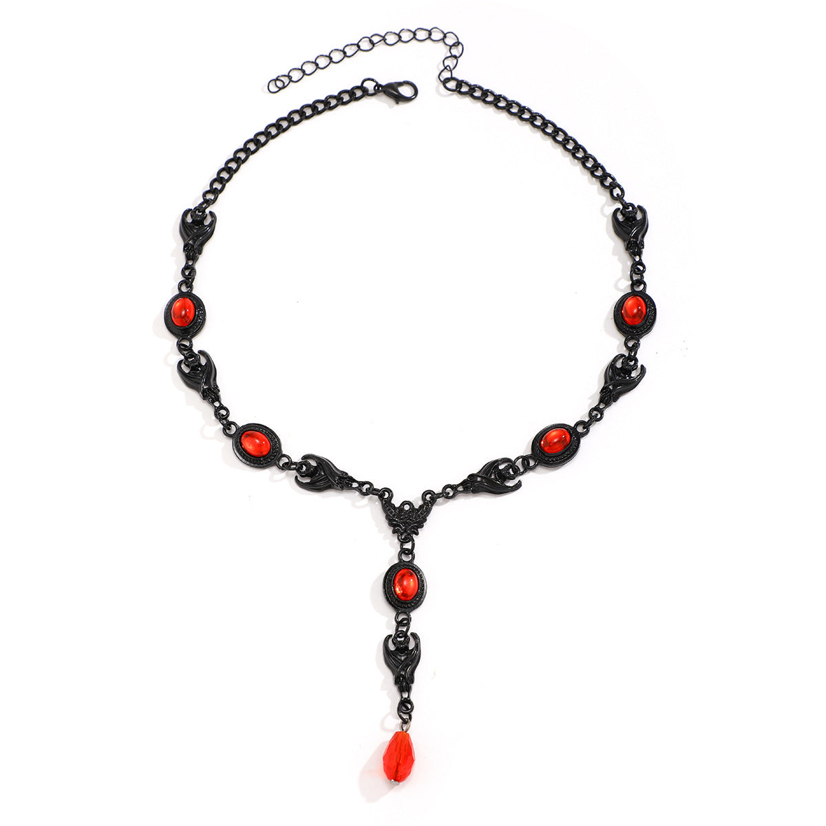 Sweet and Edgy Halloween Bat Pendant Necklace for Women with Rhinestone-Dripping Red Gemstone Design, Alloy Drop Shape Pendant on Handmade Chain