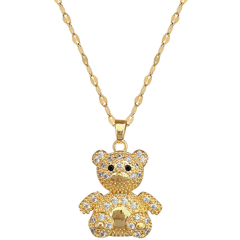 Collana con ciondolo orso minimalista geometrico a diamante intero da donna, catena in acciaio al titanio con accento luna