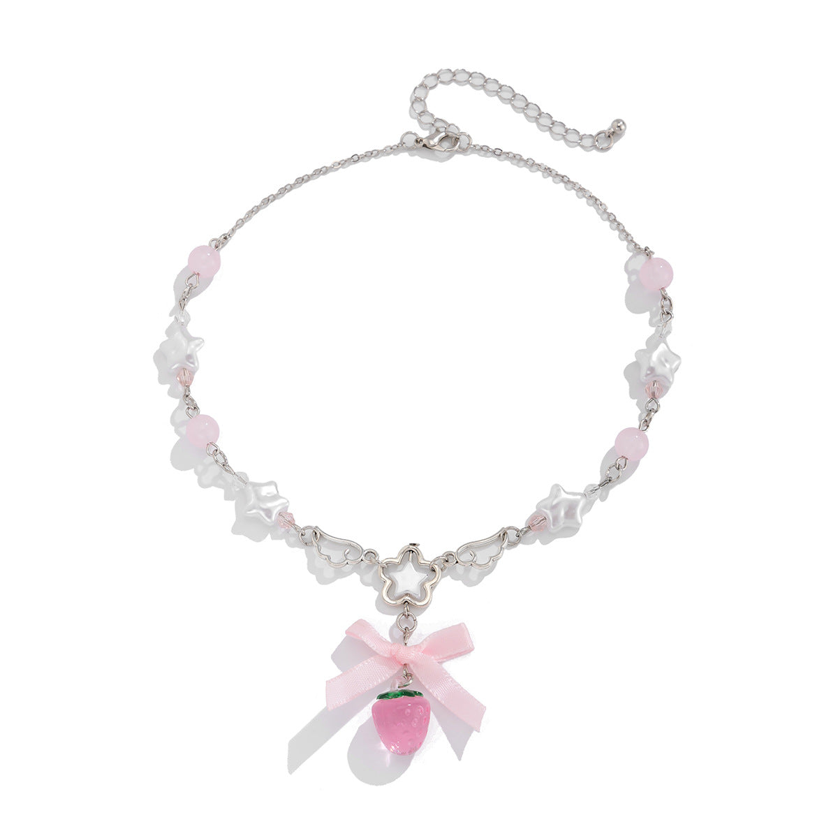 Sweet Acrylic Strawberry and Imitation Pearl Pendant Necklace Alloy Plated Choker for Women