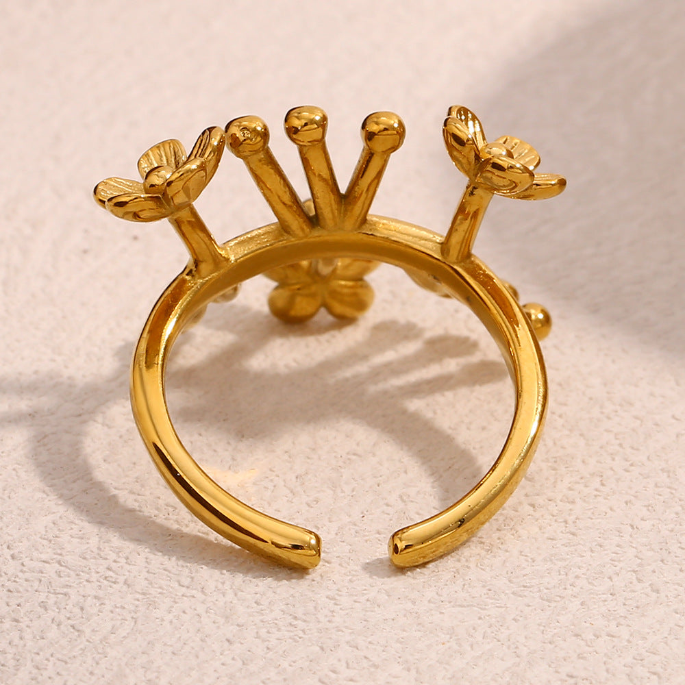 Fashion Floral-Shaped Stainless Steel Ring with 18K Gold Plating for Women