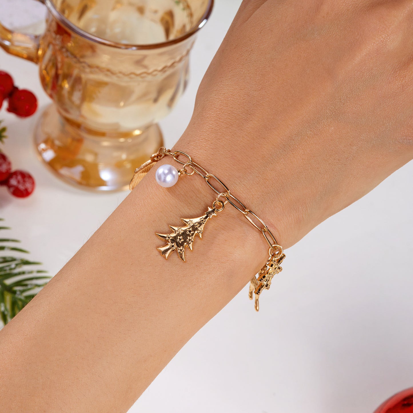 Set bracciale e collana con fiocco di neve e renna per albero di Natale, dolce e audace, in lega placcata oro, gioielli festivi per le vacanze, regalo unisex