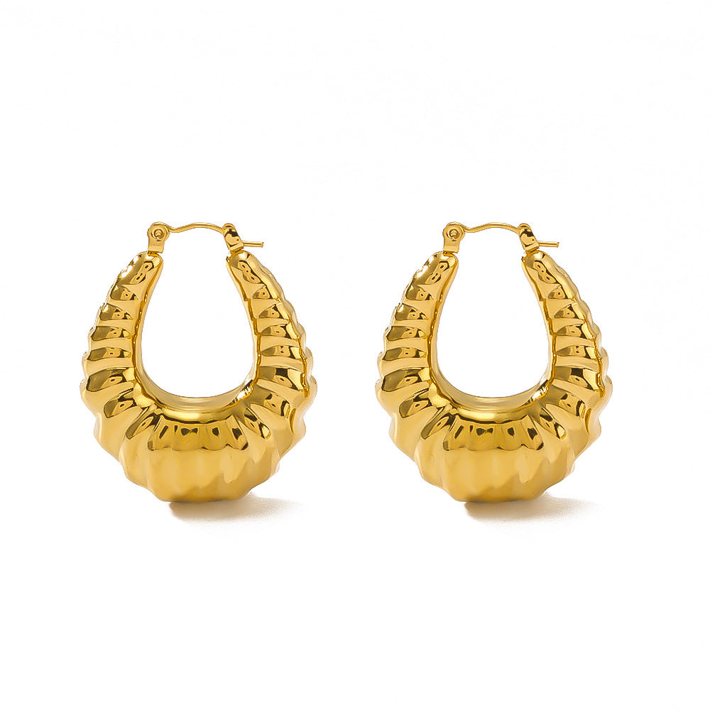 Orecchini a Cerchio Geométrici Ispirati al Vintage in Acciaio Inossidabile con Placcatura in Oro 18K e Textura a Croissant