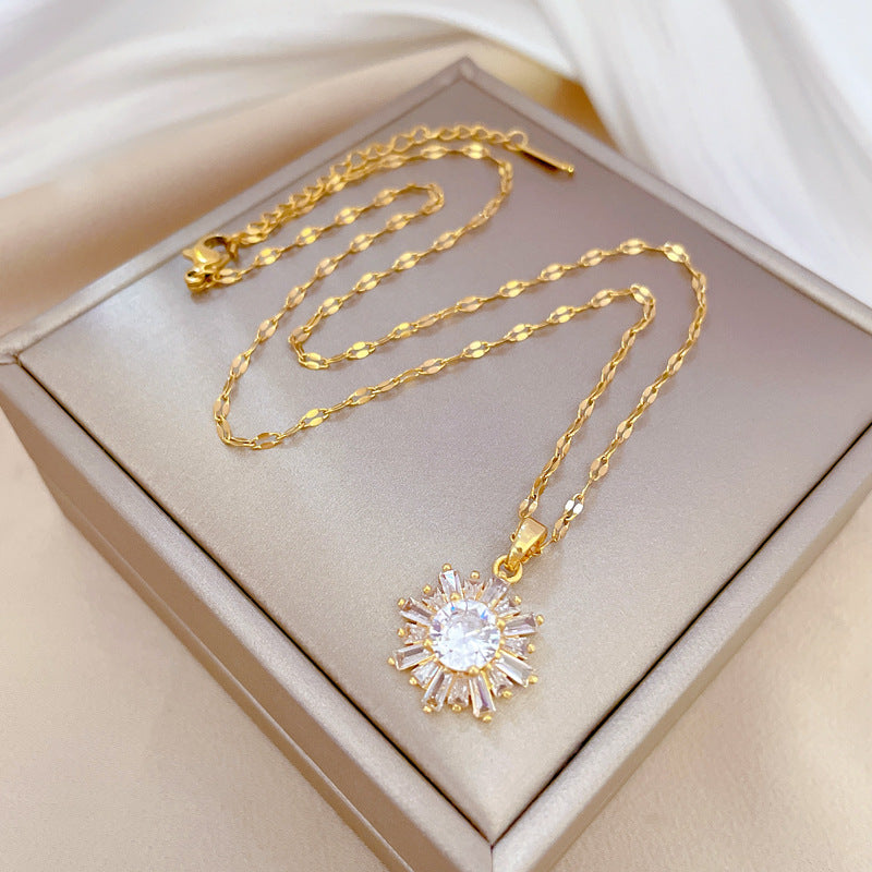Collar de lujo de acero de titanio con copo de nieve geométrico y diamantes de imitación para mujer
