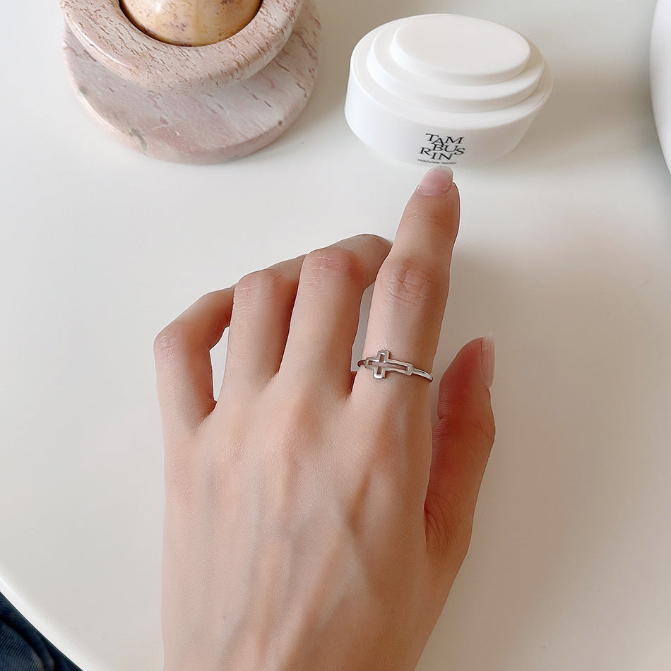 Minimalist 925 Sterling Silver Polished Hollow Cross Open Ring