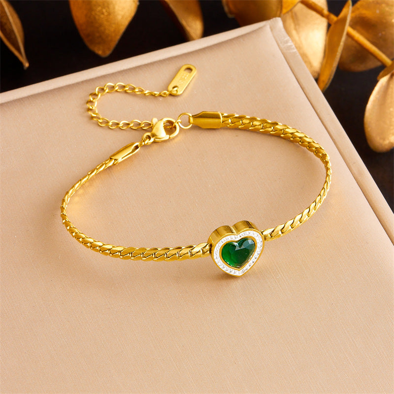 Parure Bracciale Orecchini Collana Vintage Lusso Cuore Smeraldo Strass Acciaio Inossidabile