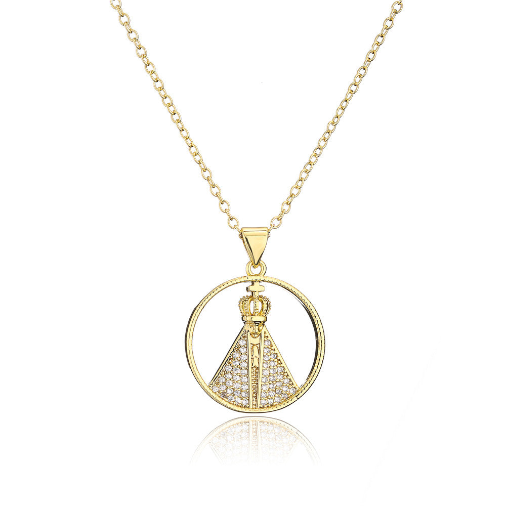 Geometric Pendant Necklace in Copper with Rhinestone Inlay and Gold Plating