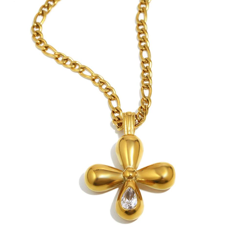 Luxury Vintage Cross Pendant Necklace for Women Stainless Steel with 18K Gold Plating and Red Zircon Inlay